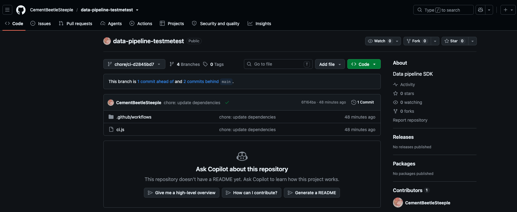 A short-lived chore/ci branch containing ci.js and GitHub Actions workflows.