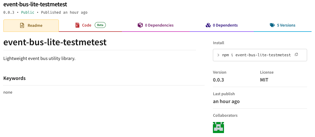 The npm page for event-bus-lite-testmetest presented the package as a lightweight event bus utility.