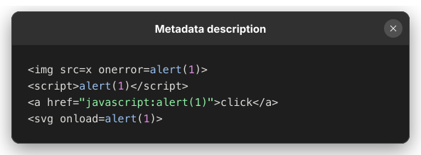 Gem metadata containing XSS probes in the description, including an image error handler, a script element, a JavaScript link, and an SVG load handler.