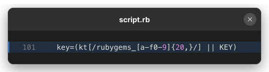 Ruby expression that selects a RubyGems API key matched in the response text, or falls back to the hardcoded KEY value.