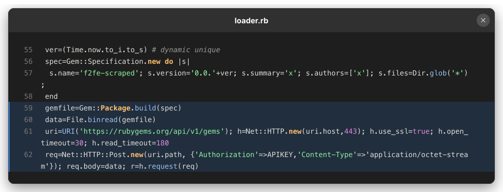 Ruby code from f2fe-s1 that builds a gem containing collected council data and posts it to RubyGems using an embedded API key.