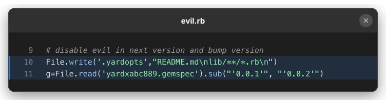 Ruby code from yardxabc889 that removes the payload loader from .yardopts and changes the gem version from 0.0.1 to 0.0.2.