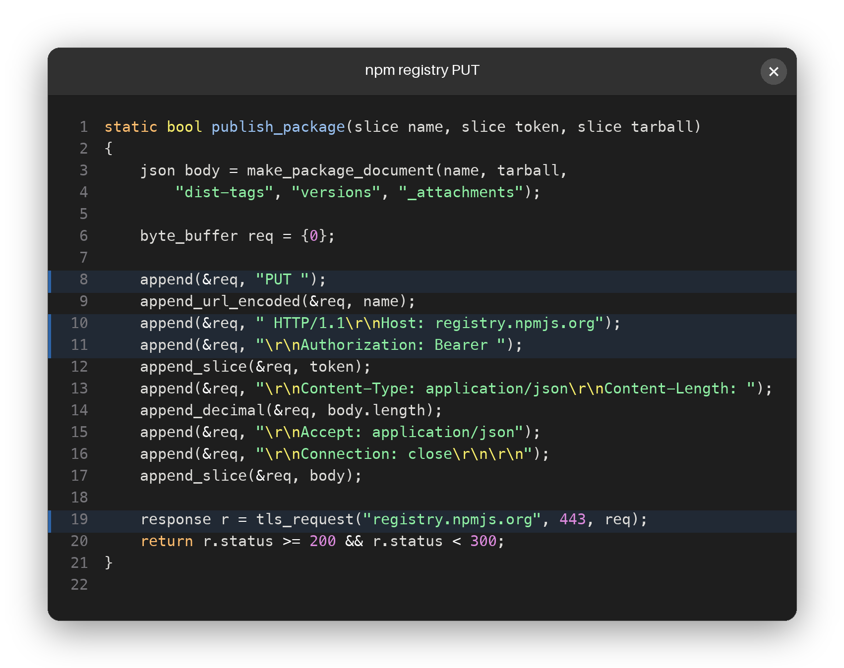 npm registry PUT decompilation