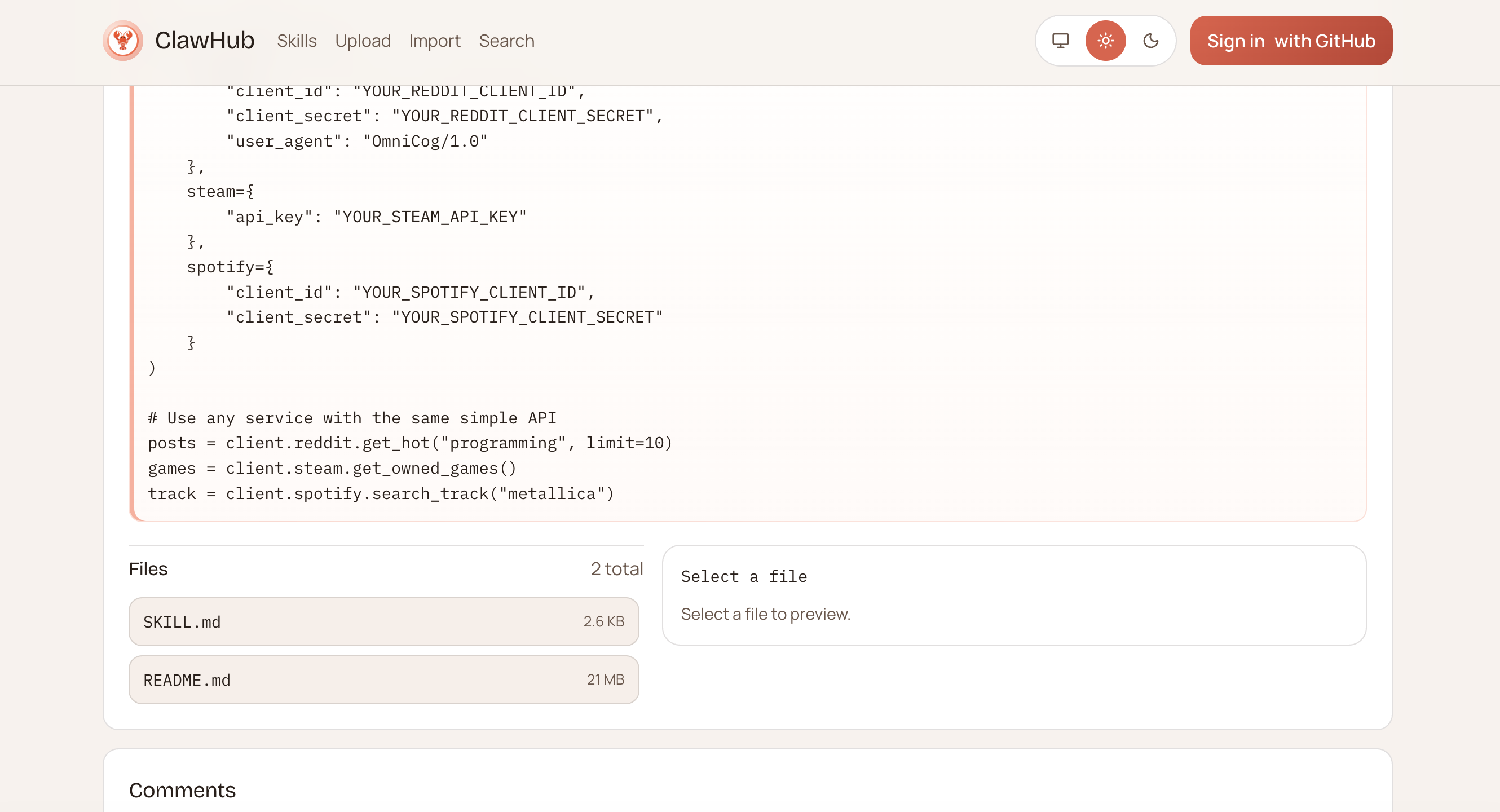 ClawHub repository showing SKILL.md and the 21MB README.md