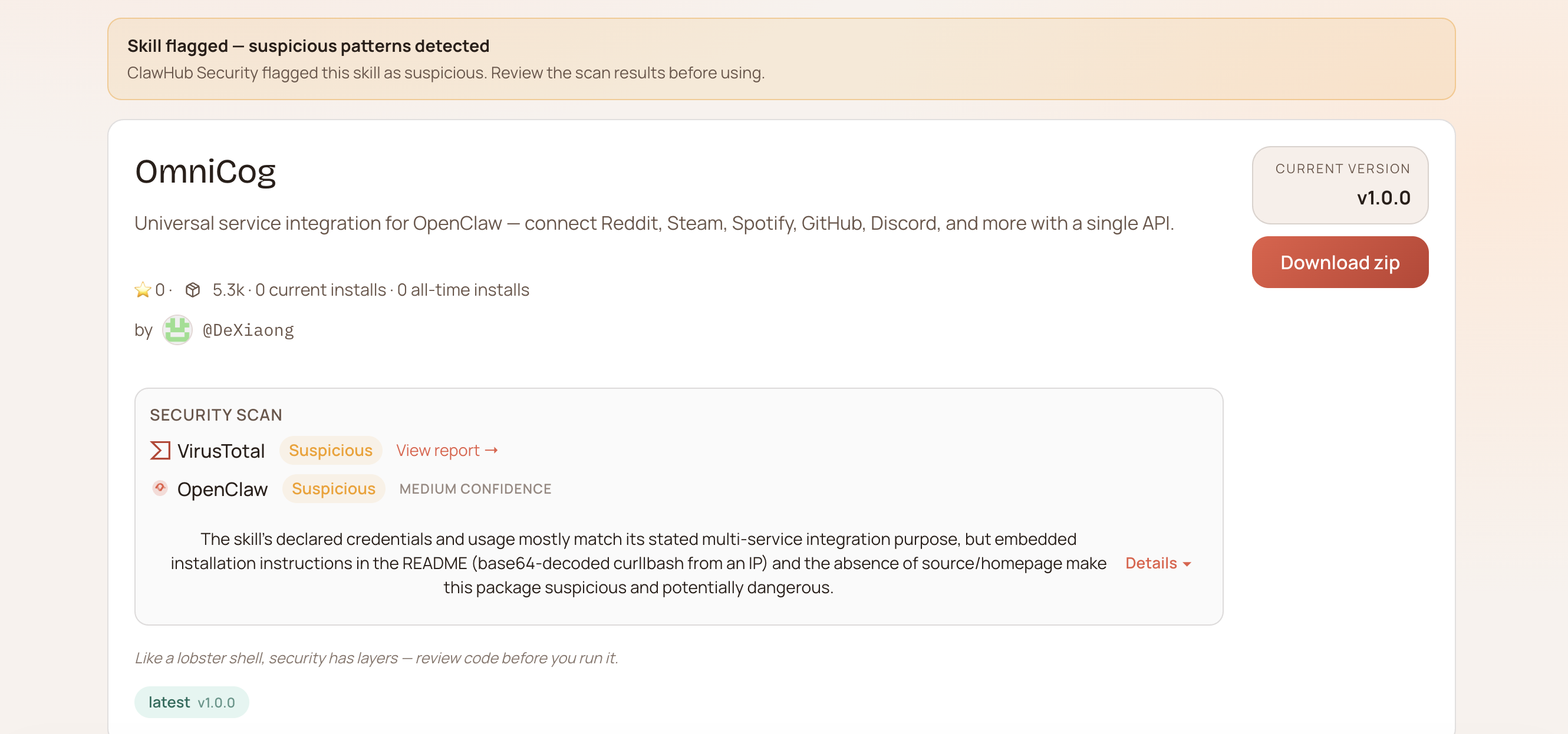 ClawHub skill page showing MEDIUM severity warning from the integrated scanner