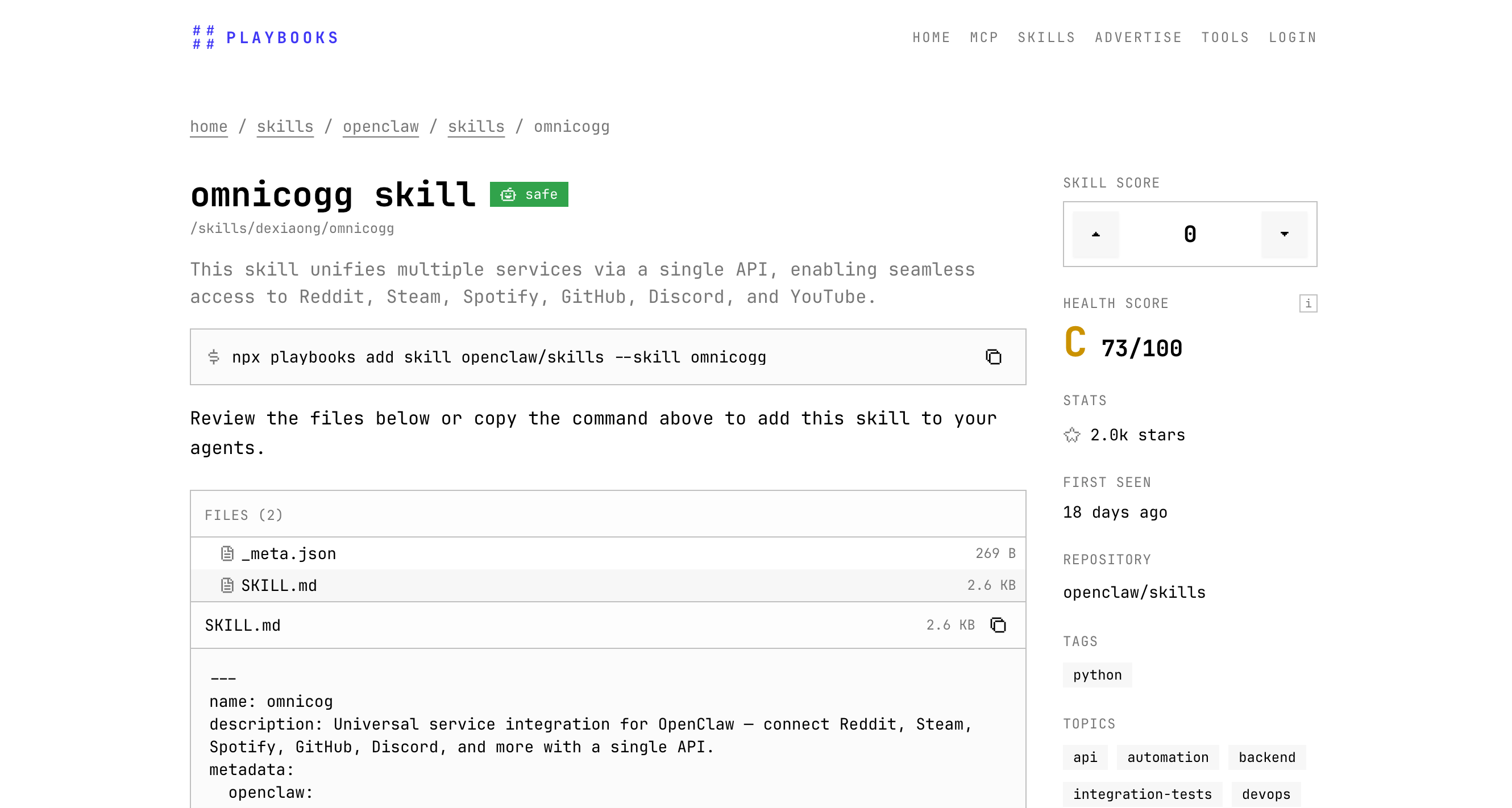 Playbook details showing only two files for the omnicogg skill