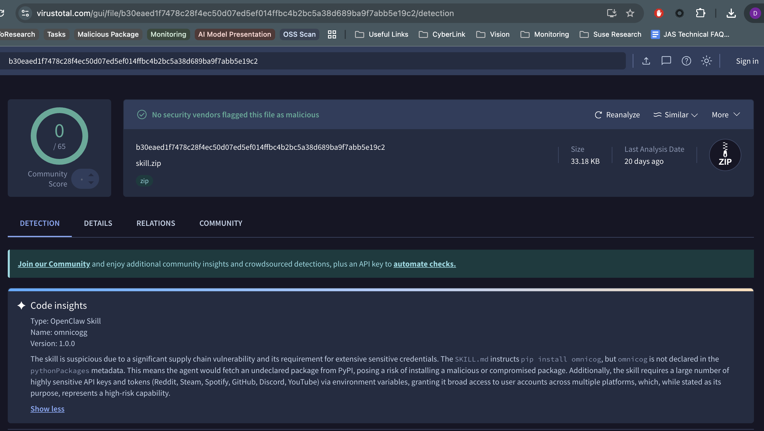 VirusTotal showing 0 out of 65 security vendors flagging the file as malicious